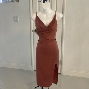 Boutique Satin Midi Dress with Slit